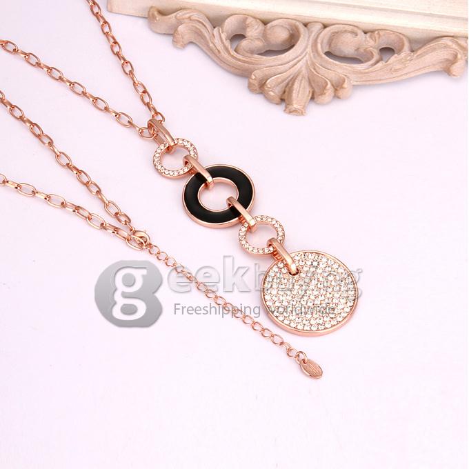 Fashion Crystal Pave Circle Pendant Sweater Chain Necklace - Black