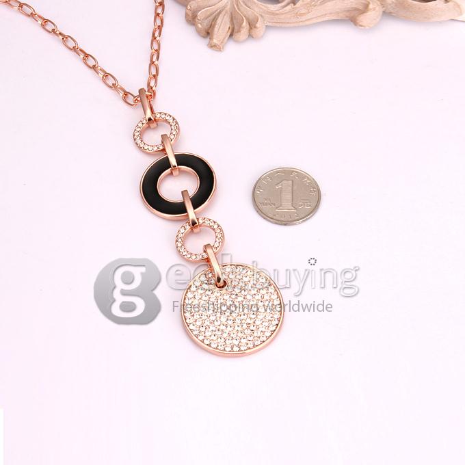 Fashion Crystal Pave Circle Pendant Sweater Chain Necklace - Black