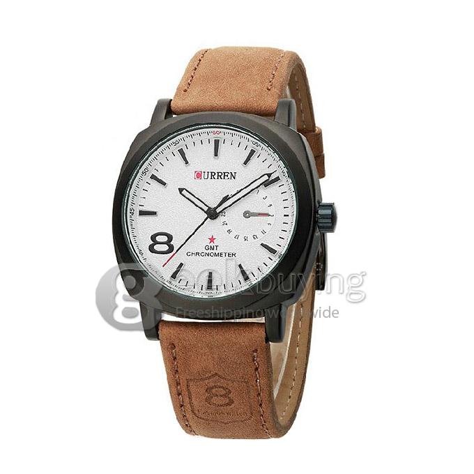 CURREN 8139 Chic Round Case Quartz Analog Wrist Watch Timepiece with Genuine Leather Band for Men - White