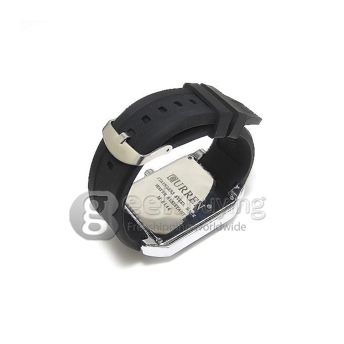 CURREN 8144 Black Rubber Band Square Case Quartz Analog Wrist Watch Timepiece with Calendar for Men - Silver & White
