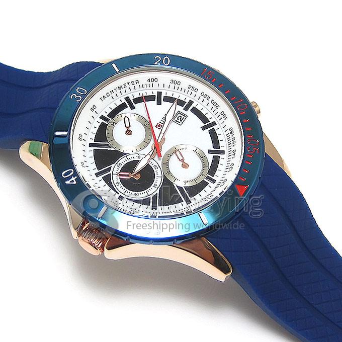 CURREN 8143 Silica Gel Band Round Golden Case Quartz Analog Wrist Watch Timepiece with 3 False Sub-dials Decor for Men - Blue