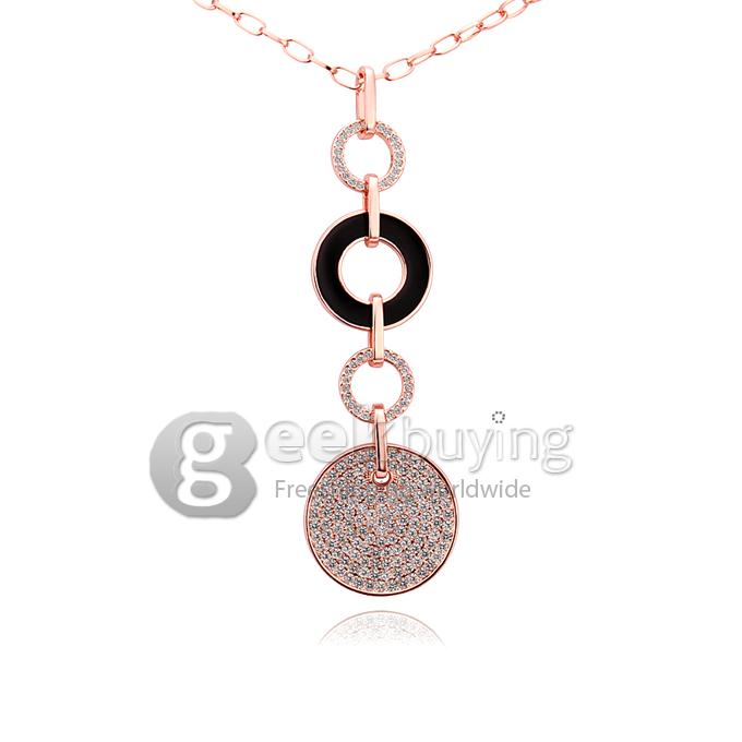 Fashion Crystal Pave Circle Pendant Sweater Chain Necklace - Black