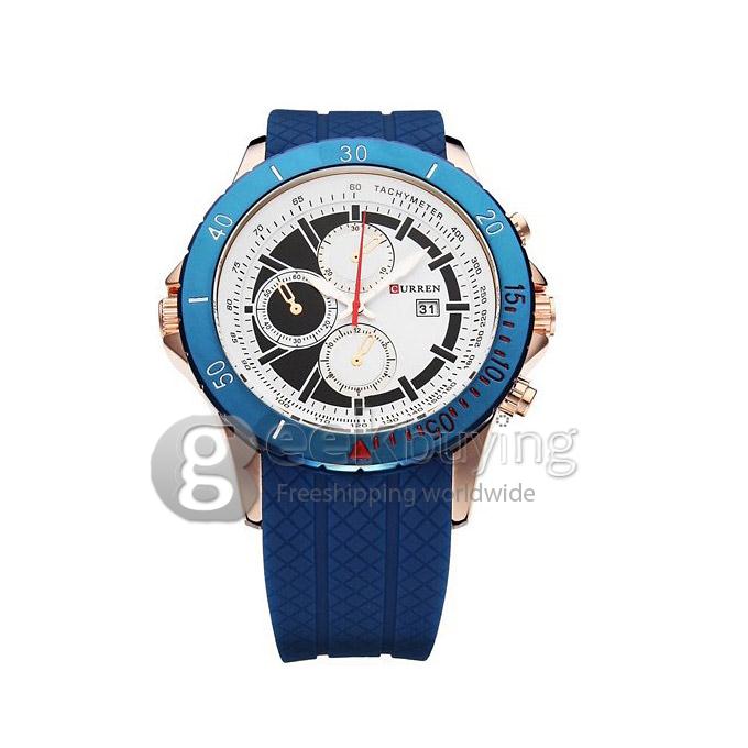 CURREN 8143 Silica Gel Band Round Golden Case Quartz Analog Wrist Watch Timepiece with 3 False Sub-dials Decor for Men - Blue