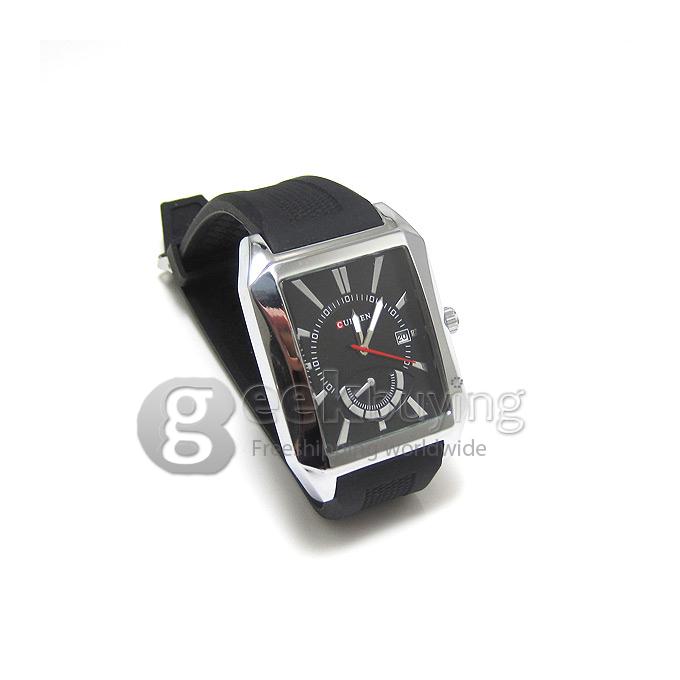 CURREN 8144 Black Rubber Band Square Case Quartz Analog Wrist Watch Timepiece with Calendar for Men - Silver & Black