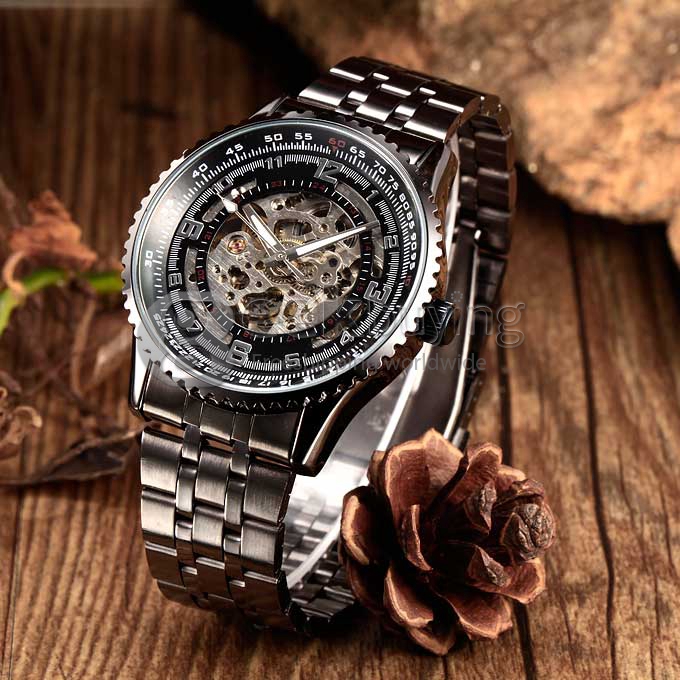 Men's Stainless Steel Analog Automatic Mechanical Wrist Watch - Black