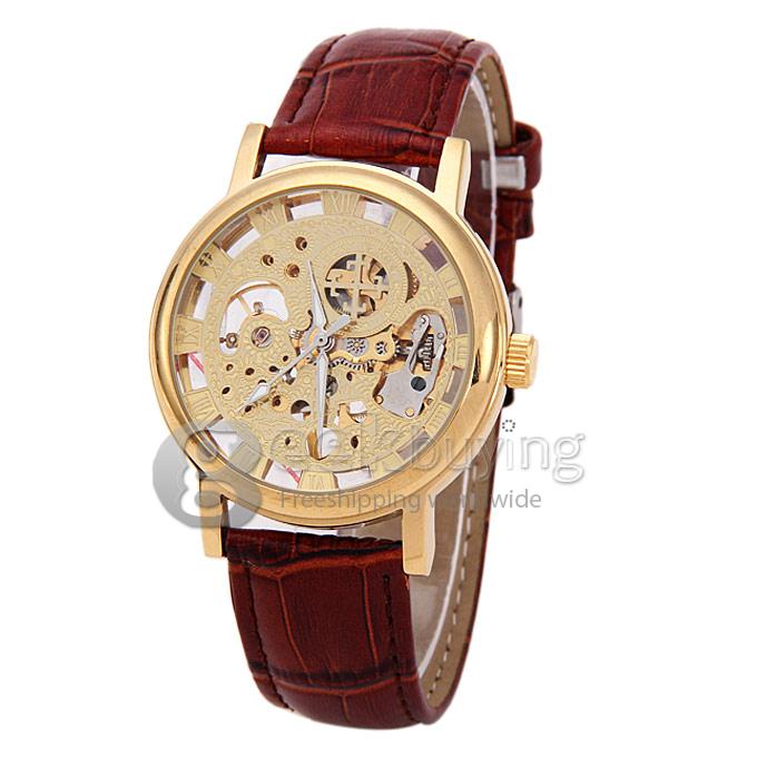 G8111 Luxury Fashion Casual Carve Pattern Brown Genuine Leather Strap Mechanical Analog Wrist Watch for Man - Golden