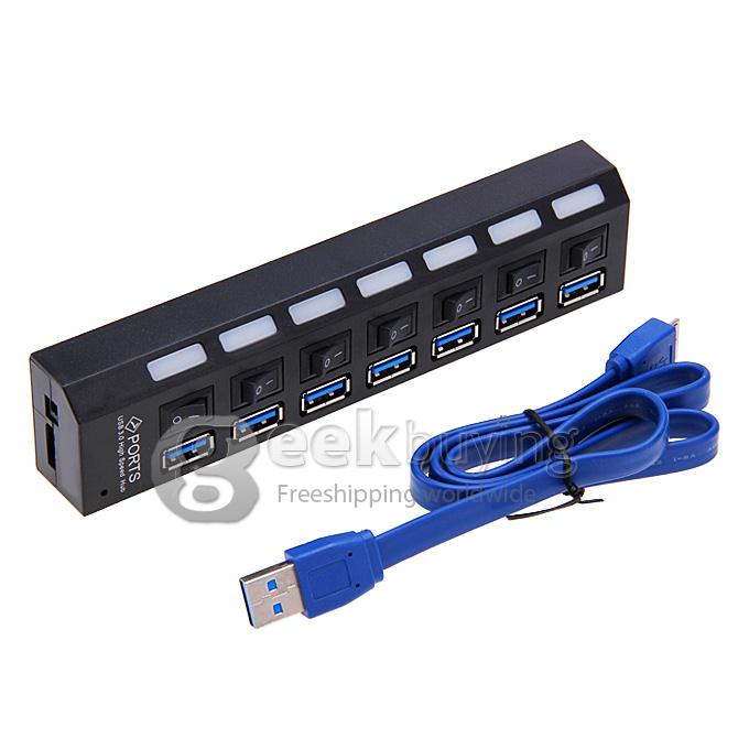 Super Speed 7 Port USB 3.0 HUB with Switch For PC Laptop Notebook Mac - Black