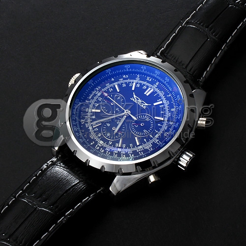 Men's Water Resistant PU Band Analog Mechanical Wrist Watch with Calendar Blue Dial