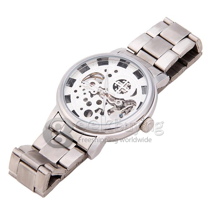 G8110 Luxury Fashion Casual Carve Pattern Stainless Steel Strap Mechanical Analog Wrist Watch for Man - White