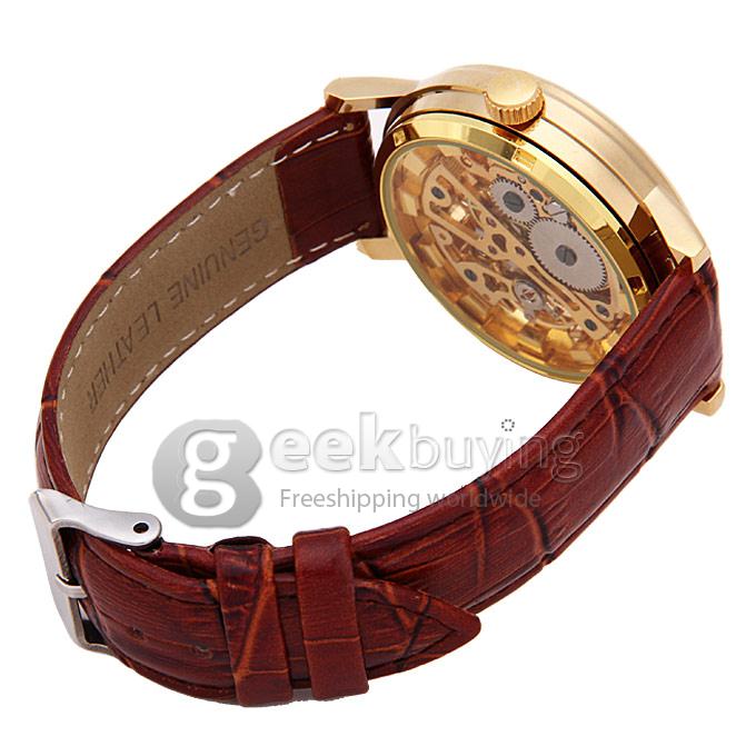 G8111 Luxury Fashion Casual Carve Pattern Brown Genuine Leather Strap Mechanical Analog Wrist Watch for Man - Golden