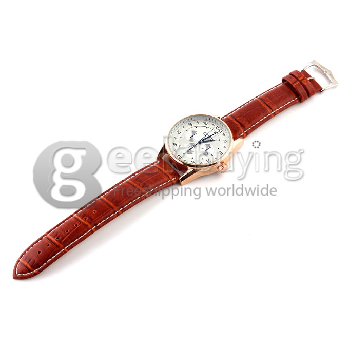 DEEP RED 2130 Hollow Gold Case Round Dial Brown Leather Band Unisex Quartz Wrist Watch - White