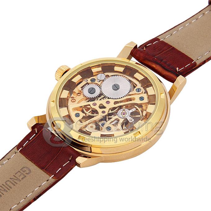 G8111 Luxury Fashion Casual Carve Pattern Brown Genuine Leather Strap Mechanical Analog Wrist Watch for Man - Golden