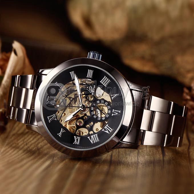 Shenhua 9269 Men's Analog Mechanical Wrist Watch with Black Round Dial Silver Steel Band