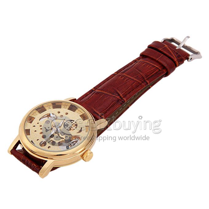 G8111 Luxury Fashion Casual Carve Pattern Brown Genuine Leather Strap Mechanical Analog Wrist Watch for Man - Golden