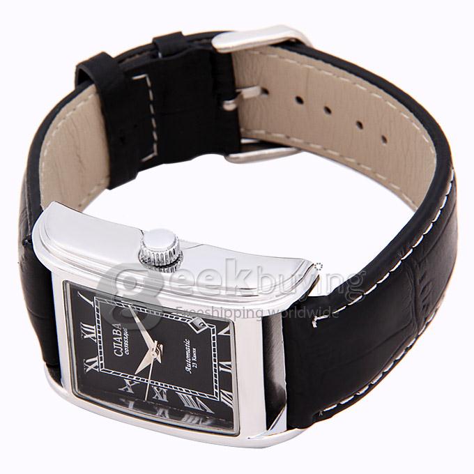 Makibes CJIABA GA07071 Fashion Black Leather Strap Square Case Mechanical Analog Wrist Watch for Men - Black (with Box)