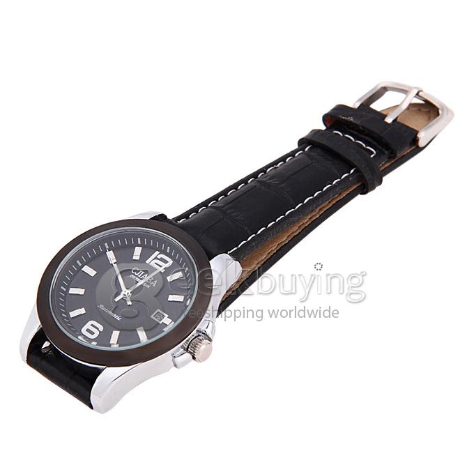 Makibes CJIABA GDA9011 Black Leather Strap Automatic Analog Wrist Watch with Calendar for Men - Black (with Box)