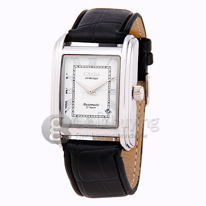 Makibes CJIABA GA07071 Fashion Black Leather Strap Square Case Mechanical Analog Wrist Watch for Men - White (with Box)