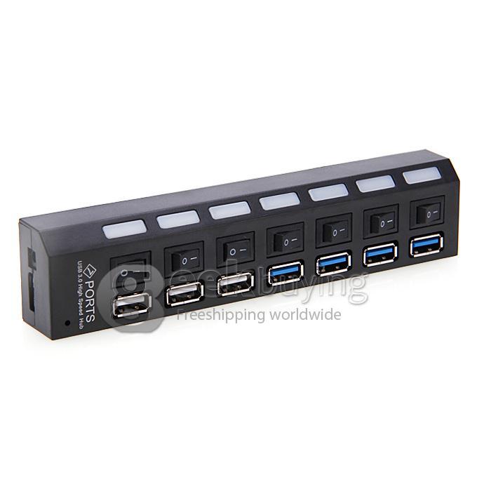 Super speed 7 Port USB 3.0 & 2.0 USB HUB Adapter with LED Indicator 5Gb/S Support 1TB HDD for PC Laptop - Black