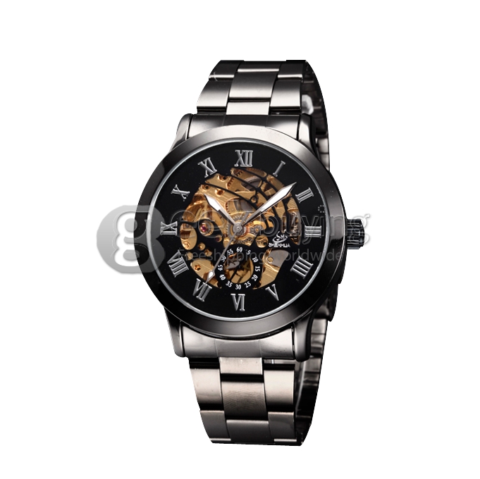 Shenhua 9269 Men's Analog Mechanical Wrist Watch with Black Round Dial Silver Steel Band
