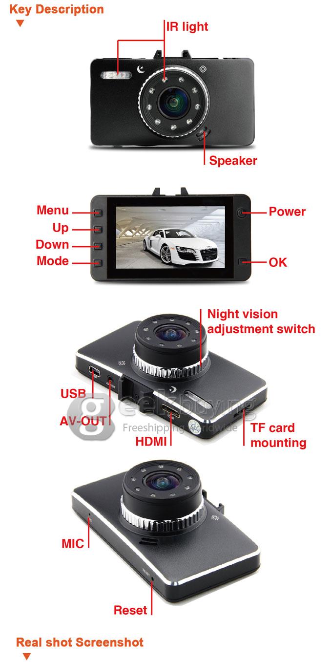 G3WH Novatek 96650 Dashcam 3.0 MP Full HD H.264 1080P 30FPS 2.7' LCD 170 Degree Wide Angle Lens with G-Sensor HDMI Car DVR