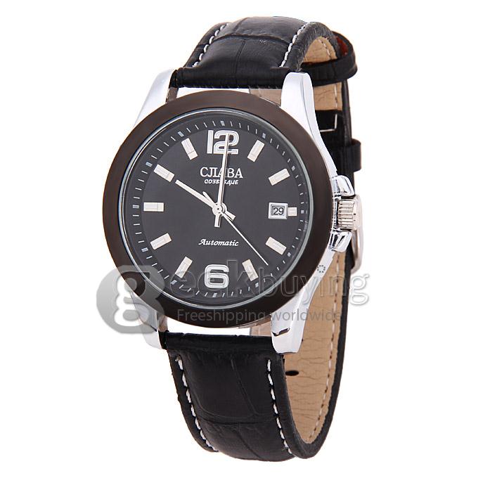 Makibes CJIABA GDA9011 Black Leather Strap Automatic Analog Wrist Watch with Calendar for Men - Black (with Box)