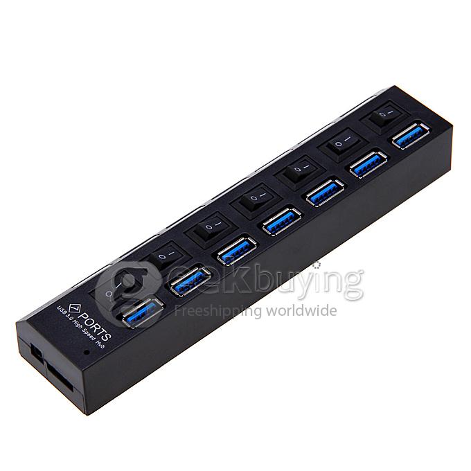 Super Speed 7 Port USB 3.0 HUB with Switch For PC Laptop Notebook Mac - Black