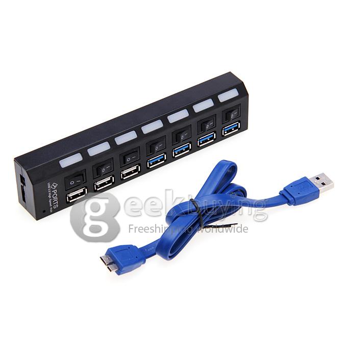 Super speed 7 Port USB 3.0 & 2.0 USB HUB Adapter with LED Indicator 5Gb/S Support 1TB HDD for PC Laptop - Black