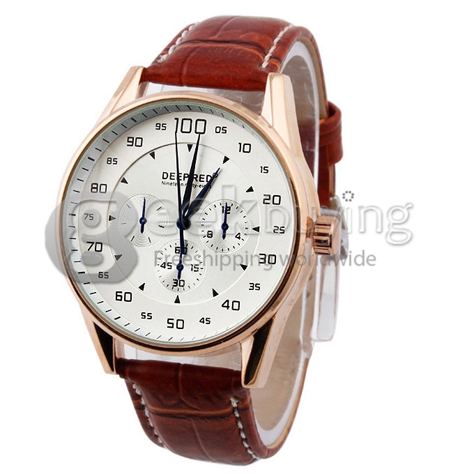 DEEP RED 2130 Hollow Gold Case Round Dial Brown Leather Band Unisex Quartz Wrist Watch - White