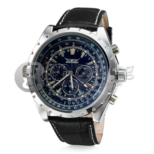 Men's Water Resistant PU Band Analog Mechanical Wrist Watch with Calendar Blue Dial