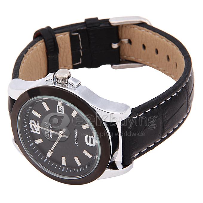 Makibes CJIABA GDA9011 Black Leather Strap Automatic Analog Wrist Watch with Calendar for Men - Black (with Box)