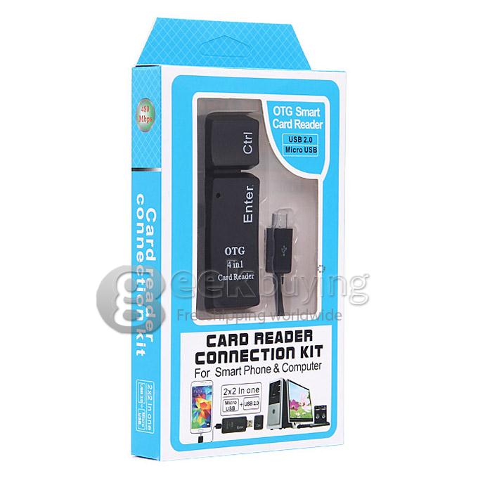 High Speed 480Mbps Micro USB 2.0 + USB 2.0 With OTG Function 4 in 1 Card Reader for Smart Phone & Computer - Black