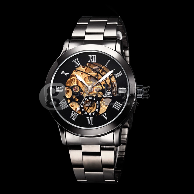 Shenhua 9269 Men's Analog Mechanical Wrist Watch with Black Round Dial Silver Steel Band