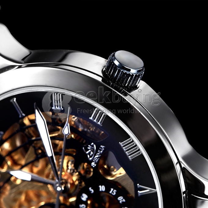 Shenhua 9269 Men's Analog Mechanical Wrist Watch with Black Round Dial Silver Steel Band