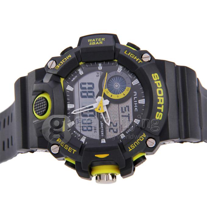 ALIKE AK1410 Waterproof Multi Function Quartz Analog & Digital Sport Wrist Watch Timepiece for Men - Yellow