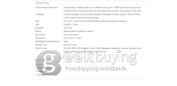 UMI C1 MTK6582 Quad Core 1.3GHz 5.5 Inch Android 4.4.2 OS Smartphone 1GB RAM 16GB ROM 13.0MP 3G/GPS White