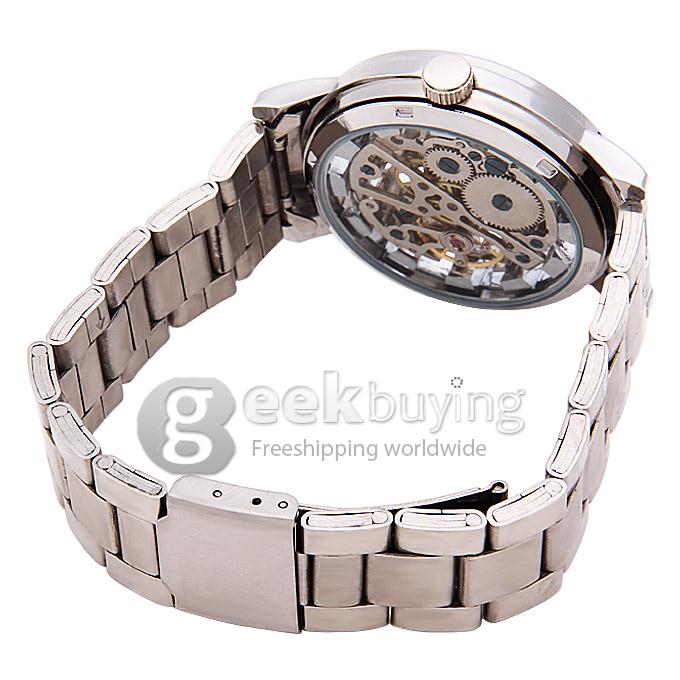 G8110 Luxury Fashion Casual Carve Pattern Stainless Steel Strap Mechanical Analog Wrist Watch for Man - White