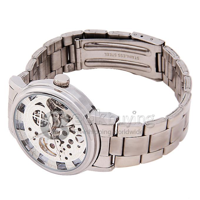 G8110 Luxury Fashion Casual Carve Pattern Stainless Steel Strap Mechanical Analog Wrist Watch for Man - White