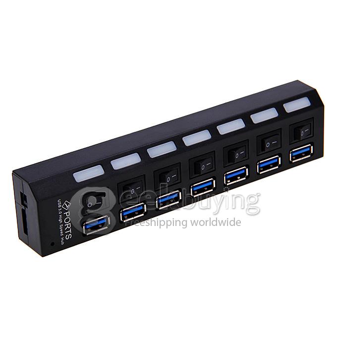 Super Speed 7 Port USB 3.0 HUB with Switch For PC Laptop Notebook Mac - Black