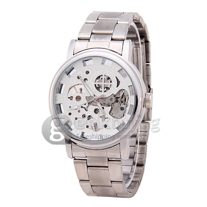 G8110 Luxury Fashion Casual Carve Pattern Stainless Steel Strap Mechanical Analog Wrist Watch for Man - White