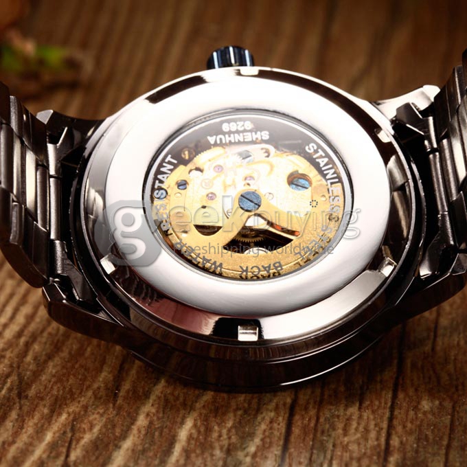 Shenhua 9269 Men's Analog Mechanical Wrist Watch with Black Round Dial Silver Steel Band