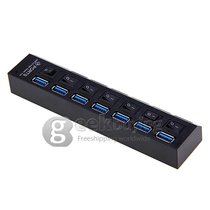 Super Speed 7 Port USB 3.0 HUB with Switch For PC Laptop Notebook Mac - Black