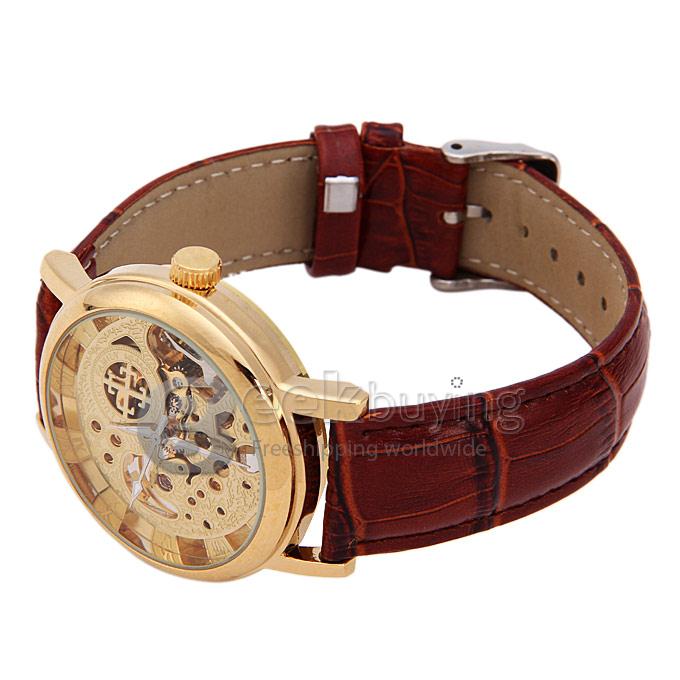 G8111 Luxury Fashion Casual Carve Pattern Brown Genuine Leather Strap Mechanical Analog Wrist Watch for Man - Golden