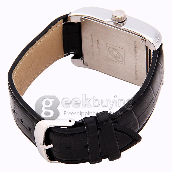 Makibes CJIABA GA07071 Fashion Black Leather Strap Square Case Mechanical Analog Wrist Watch for Men - White (with Box)