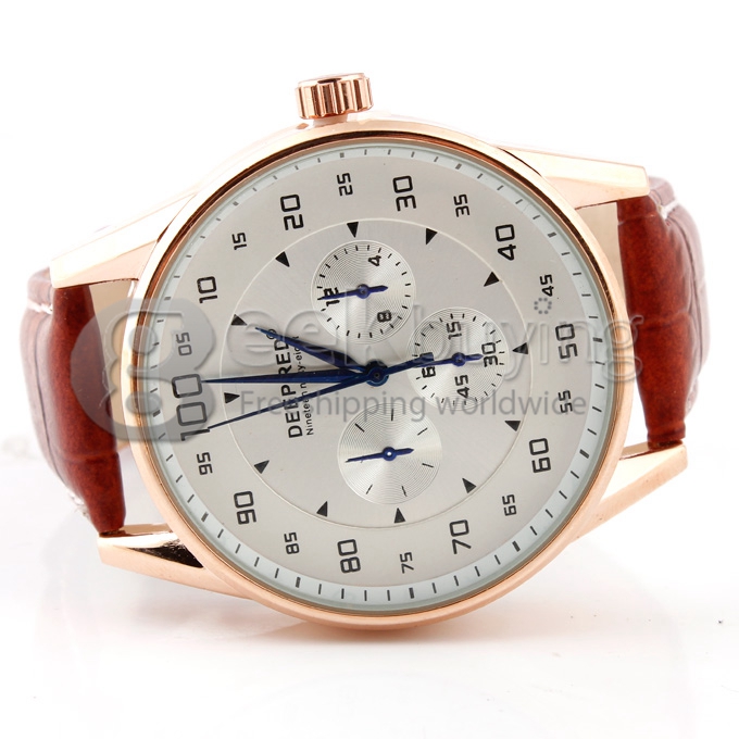 DEEP RED 2130 Hollow Gold Case Round Dial Brown Leather Band Unisex Quartz Wrist Watch - White