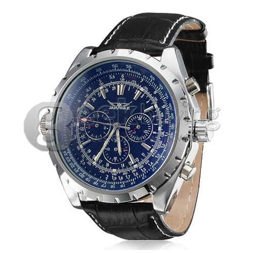 Men's Water Resistant PU Band Analog Mechanical Wrist Watch with Calendar Blue Dial