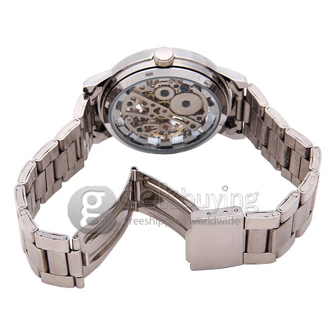 G8110 Luxury Fashion Casual Carve Pattern Stainless Steel Strap Mechanical Analog Wrist Watch for Man - White