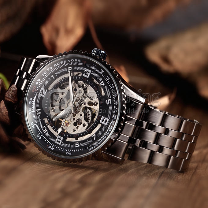 Men's Stainless Steel Analog Automatic Mechanical Wrist Watch - Black