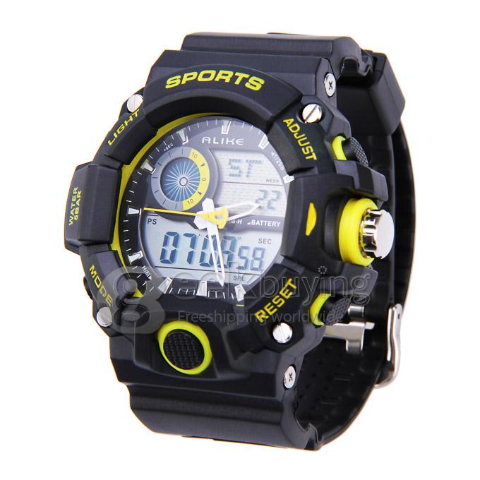 ALIKE AK1410 Waterproof Multi Function Quartz Analog & Digital Sport Wrist Watch Timepiece for Men - Yellow