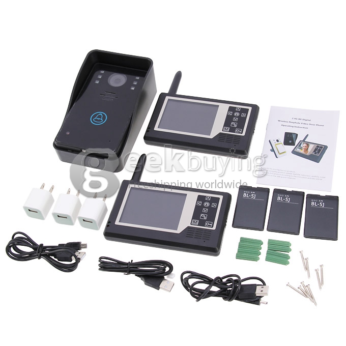3.5' TFT Display 2.4GHz Wireless 1V2 Doorbell Intercom System (Calls, Intercom, Unlock, Monitor, Night Vision) - Black