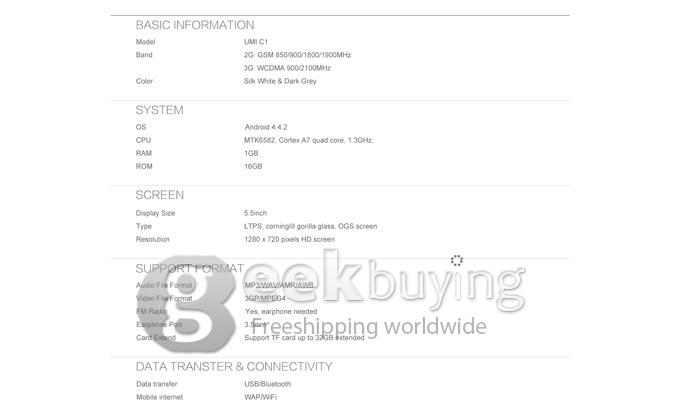 UMI C1 MTK6582 Quad Core 1.3GHz 5.5 Inch Android 4.4.2 OS Smartphone 1GB RAM 16GB ROM 13.0MP 3G/GPS White